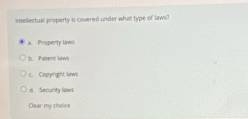 Intellectual property is covered under what type of laws?
a. Property laws
b. Patent laws
c. Copyright laws
d. Security laws
Clear my choice