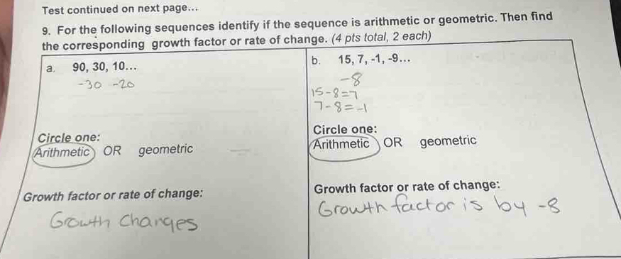 Test continued on next page... 
9. For the following sequences identify if the sequence is arithmetic or geometric. Then find 
ch)