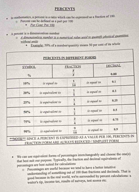 PERCENTS
* In mathematics, a percent is a ratio which can be expressed as a fraction of 100.
□ Percent can be defined as a part per 100
Per Cent: Per 100
. A percent is a dimensionless number
0 A dimensionless number is a numerical value used to quantify physical quantities
without units
Example: 50% of a number/quantity means 50 per cent of its whole
N
We can use equivalent forms of percentages interchangeably and choose the one(s)
that best suit our purpose. Typically, the fraction and decimal equivalents of
percentages are best suited for calculations
0 Percentages are useful because we tend to have a better intuitive
understanding of something out of 100 than fractions and decimals. That is
good because in the real world, we're surrounded by percent calculations: a
waiter's tip, income tax, results of surveys, test scores etc.