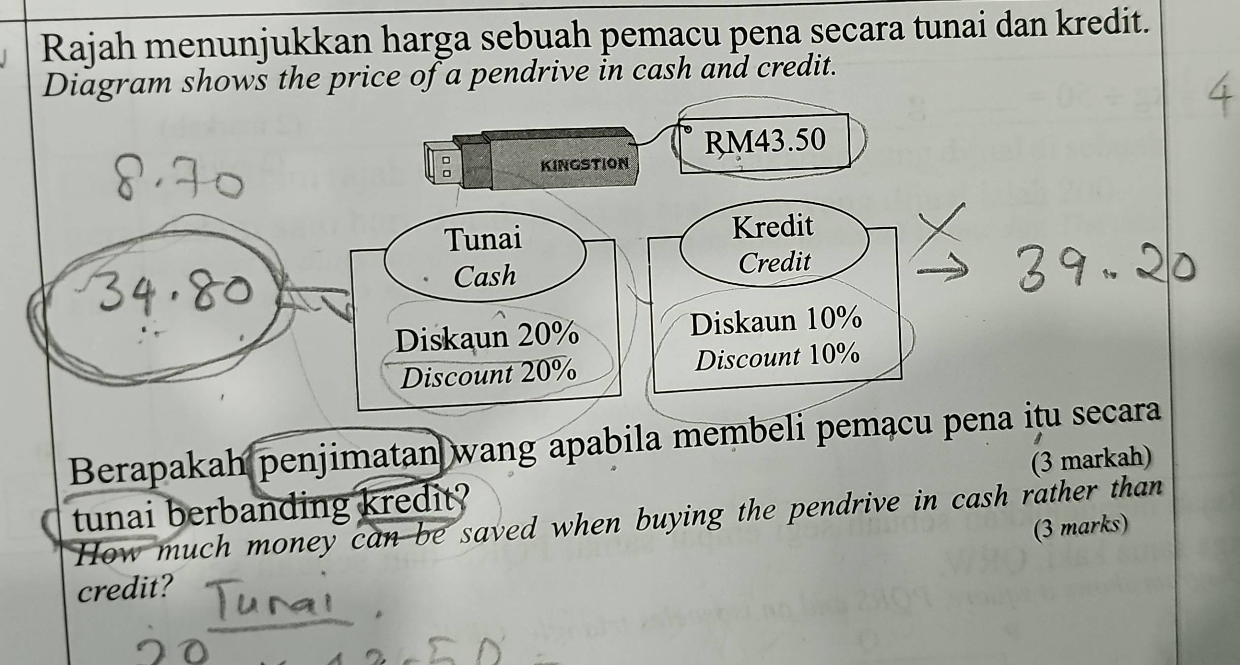 Rajah menunjukkan harga sebuah pemacu pena secara tunai dan kredit. 
Diagram shows the price of a pendrive in cash and credit.
RM43.50
: 
KINGSTION 
Tunai Kredit 
Cash 
Credit 
Diskaun 20% Diskaun 10%
Discount 20% Discount 10%
Berapakah penjimatan wang apabila membeli pemacu pena itu secara 
tunai berbanding kredit? (3 markah) 
How much money can be saved when buying the pendrive in cash rather than 
(3 marks) 
credit?