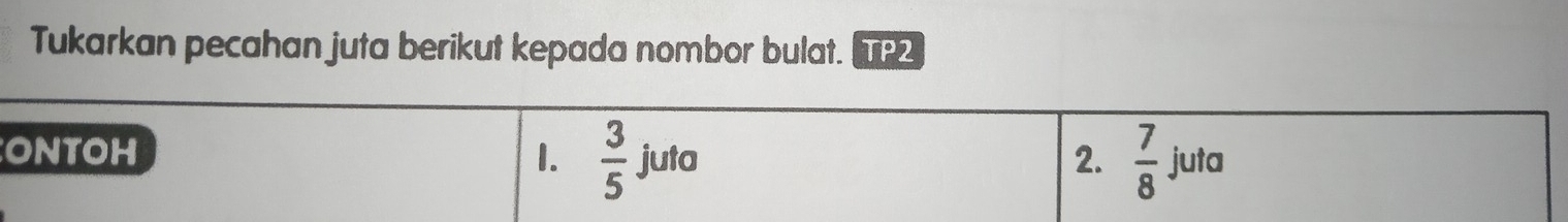 Tukarkan pecahan juta berikut kepada nombor bulat. TP2