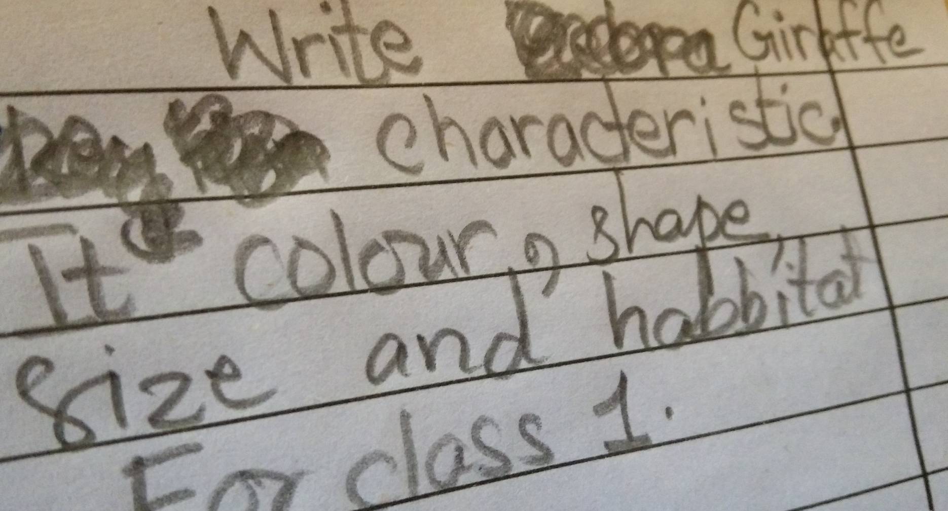 Write Girkffe 
characteristich 
It colour, shape, 
size and habbitat 
Enrclass 1.