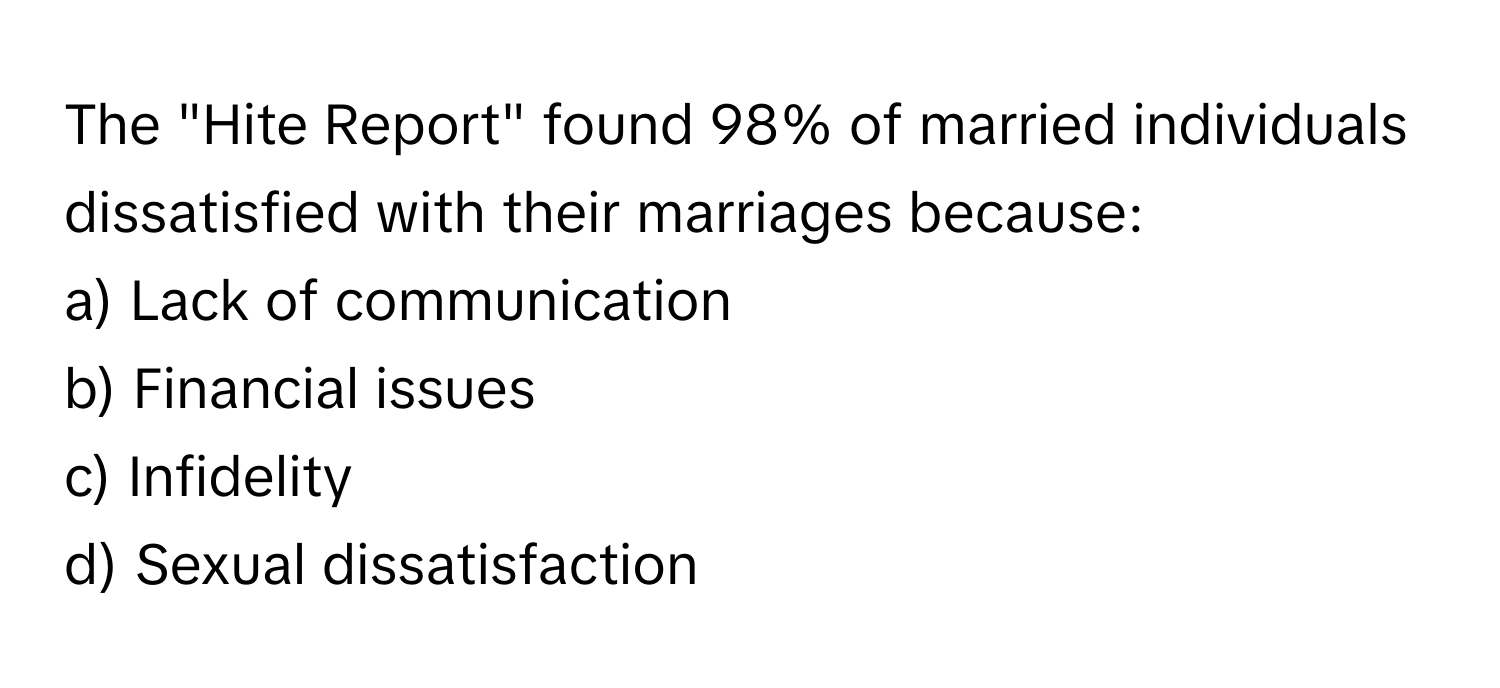 The "Hite Report" found 98% of married individuals dissatisfied with their marriages because:

a) Lack of communication
b) Financial issues
c) Infidelity
d) Sexual dissatisfaction