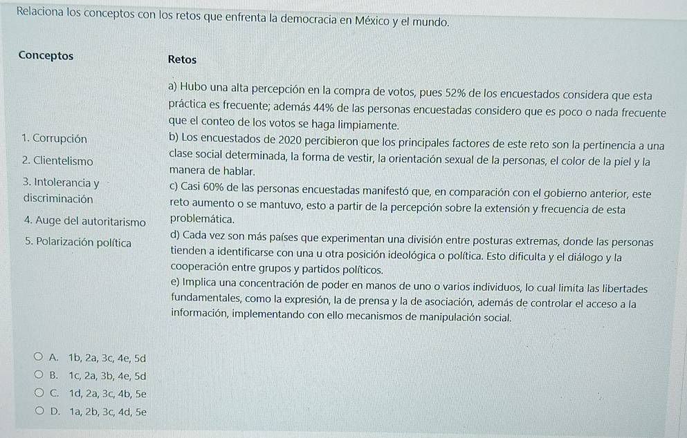 Relaciona los conceptos con los retos que enfrenta la democracia en México y el mundo.
Conceptos Retos
a) Hubo una alta percepción en la compra de votos, pues 52% de los encuestados considera que esta
práctica es frecuente; además 44% de las personas encuestadas considero que es poco o nada frecuente
que el conteo de los votos se haga limpiamente.
1. Corrupción b) Los encuestados de 2020 percibieron que los principales factores de este reto son la pertinencia a una
clase social determinada, la forma de vestir, la orientación sexual de la personas, el color de la piel y la
2. Clientelismo manera de hablar.
3. Intolerancia y c) Casi 60% de las personas encuestadas manifestó que, en comparación con el gobierno anterior, este
discriminación reto aumento o se mantuvo, esto a partir de la percepción sobre la extensión y frecuencia de esta
4. Auge del autoritarismo problemática.
d) Cada vez son más países que experimentan una división entre posturas extremas, donde las personas
5. Polarización política tienden a identificarse con una u otra posición ideológica o política. Esto dificulta y el diálogo y la
cooperación entre grupos y partidos políticos.
e) Implica una concentración de poder en manos de uno o varios individuos, lo cual limita las libertades
fundamentales, como la expresión, la de prensa y la de asociación, además de controlar el acceso a la
información, implementando con ello mecanismos de manipulación social.
A. 1b, 2a, 3c, 4e, 5d
B. 1c, 2a, 3b, 4e, 5d
C. 1d, 2a, 3c, 4b, 5e
D. 1a, 2b, 3c, 4d, 5e