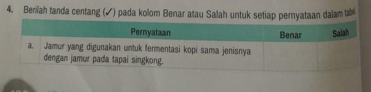 Berilah tanda centang (✓) pada kolom Benar atau Salah untuk setiap pernyataan dalam tabe