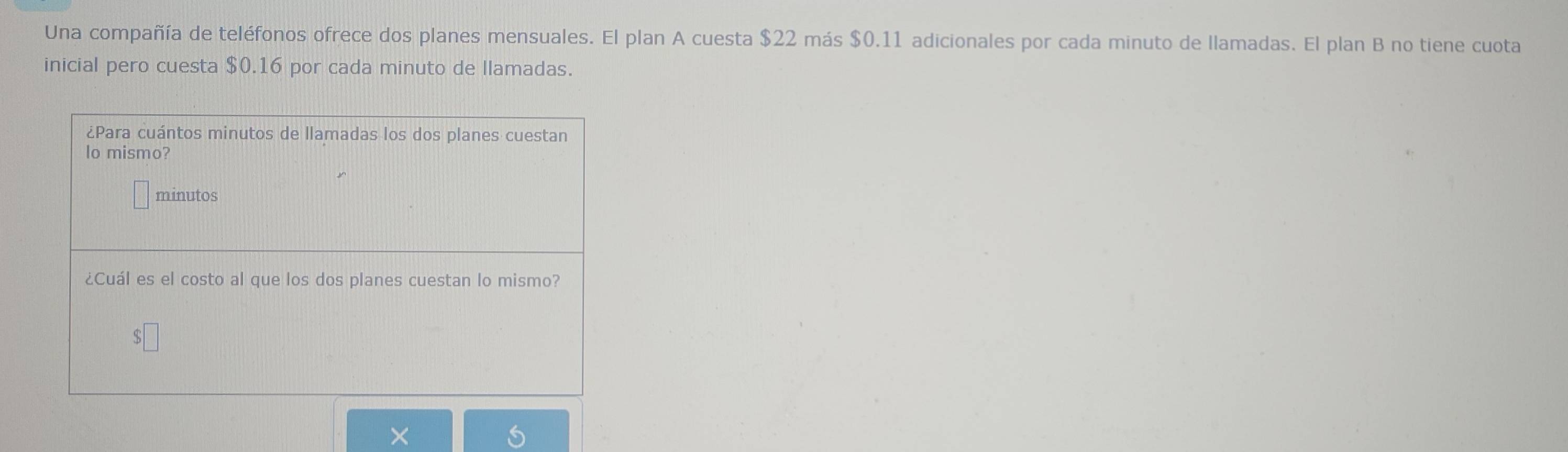 Una compañía de teléfonos ofrece dos planes mensuales. El plan A cuesta $22 más $0.11 adicionales por cada minuto de llamadas. El plan B no tiene cuota 
inicial pero cuesta $0.16 por cada minuto de llamadas.