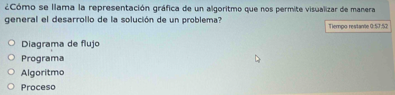 ¿Cómo se llama la representación gráfica de un algoritmo que nos permite visualizar de manera
general el desarrollo de la solución de un problema?
Tiempo restante 0:57:52
Diagrama de flujo
Programa
Algoritmo
Proceso