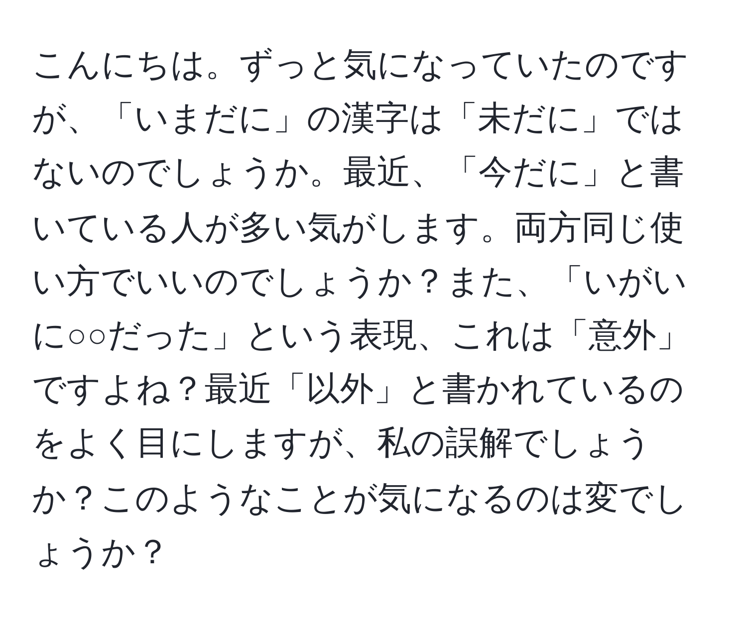 こんにちは。ずっと気になっていたのですが、「いまだに」の漢字は「未だに」ではないのでしょうか。最近、「今だに」と書いている人が多い気がします。両方同じ使い方でいいのでしょうか？また、「いがいに○○だった」という表現、これは「意外」ですよね？最近「以外」と書かれているのをよく目にしますが、私の誤解でしょうか？このようなことが気になるのは変でしょうか？