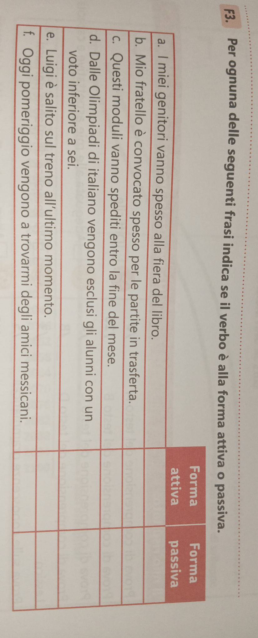 F3. Per ognuna delle seguenti frasi indica se il verbo è alla forma attiva o passiva.