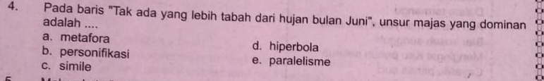 Pada baris "Tak ada yang lebih tabah dari hujan bulan Juni", unsur majas yang dominan
adalah ....
a. metafora d. hiperbola
b. personifikasi e. paralelisme
c. simile