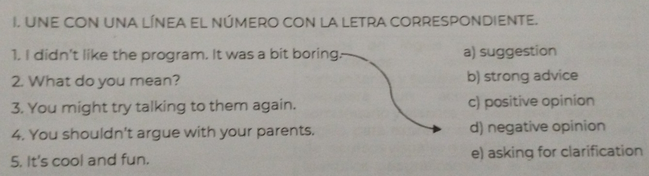 UNE CON UNA LÍNEA EL NÚMERO CON LA LETRA CORRESPONDIENTE.
1. I didn't like the program. It was a bit boring. a) suggestion
2. What do you mean? b) strong advice
3. You might try talking to them again. c) positive opinion
4. You shouldn't argue with your parents. d) negative opinion
5. It's cool and fun. e) asking for clarification