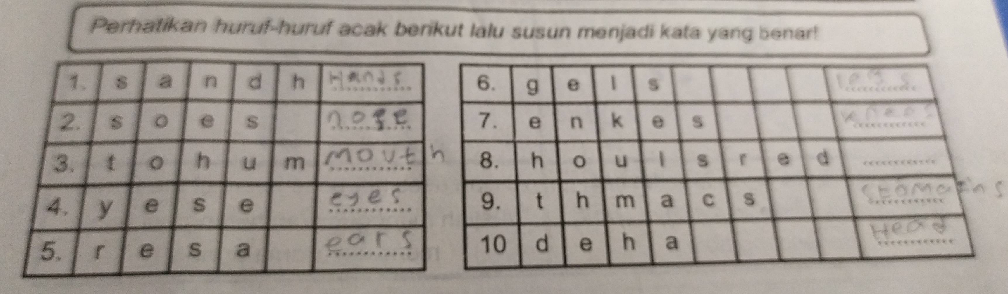 Perhatikan huruf-huruf acak berikut lalu susun menjadi kata yang benar!