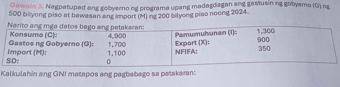 Gawain 3. Nagpatupad ang gobyerno ng programa upang madagdagan ang gastusin ng gobyerno (G) ng
500 bilyong piso at bawasan ang import (M) ng 200 bilyong piso noong 2024. 
Kalkulahin ang GNI matapos ang pagbabago sa patakaran: