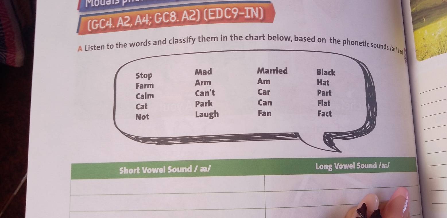 Modais 
(GC4. A2, A4; GC8. A2) (EDC9-IN) 
A Listen to the words and classify them in the chart below, based on the phonetic sounds /a:/ / 
Stop 
Mad Married Black 
Farm 
Arm Am Hat 
Car 
Calm Can't Part 
Cat 
Park Can Flat 
Not Laugh Fan Fact 
Short Vowel Sound / æ/ Long Vowel Sound /a:/