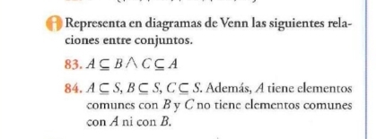 Representa en diagramas de Venn las siguientes rela- 
ciones entre conjuntos. 
83. A⊂eq Bwedge C⊂eq A
84. A⊂eq S, B⊂eq S, C⊂eq S Además, A tiene elementos 
comunes con B y C no tiene elementos comunes 
con A ni con B.