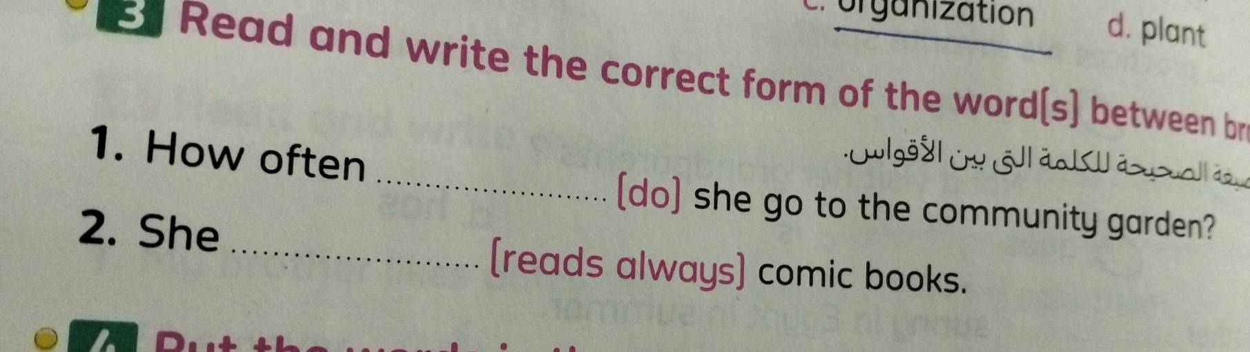 organization d. plant
s Read and write the correct form of the word[s] between br
1. How often
_[do) she go to the community garden?
2. She
_[reads always) comic books.