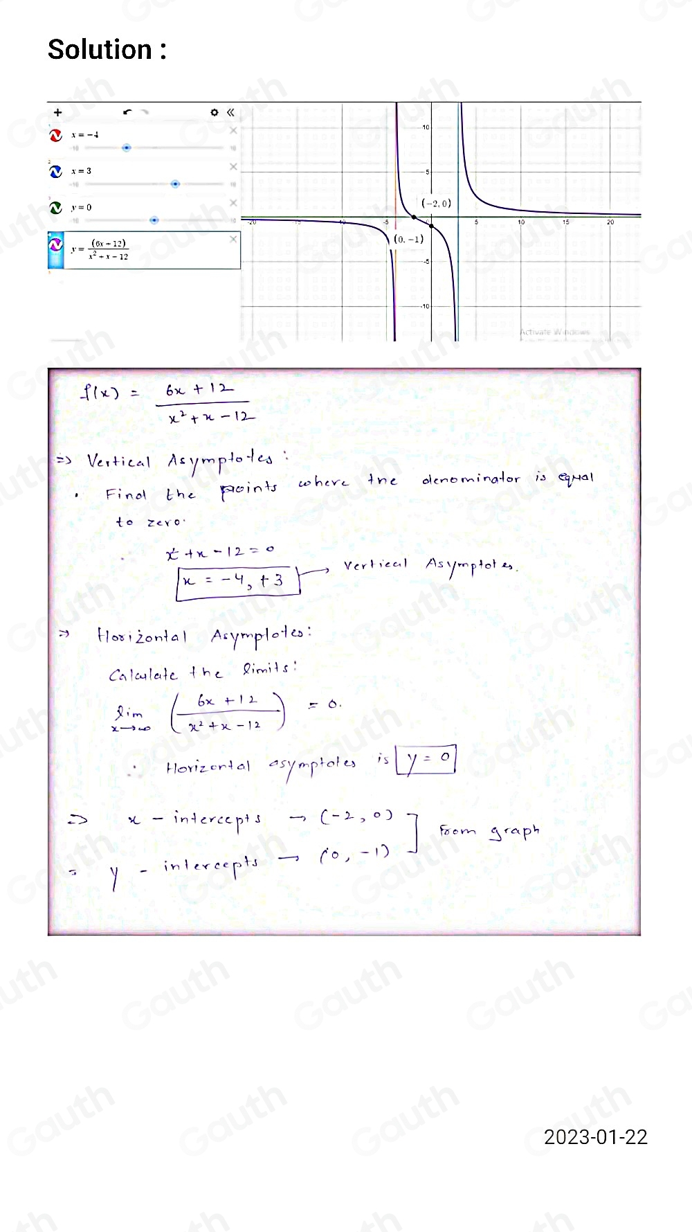 Solved: Graph the rational function. f(x)= (6x+12)/x^2+x-12 Start by ...