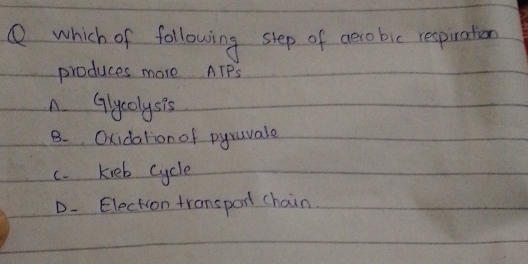 which of following step of aerobic respirator
produces more ATPS
n. Glycolysis
B. Oxidation of pyravale
c. kieb cycle
D. Election transport chain.