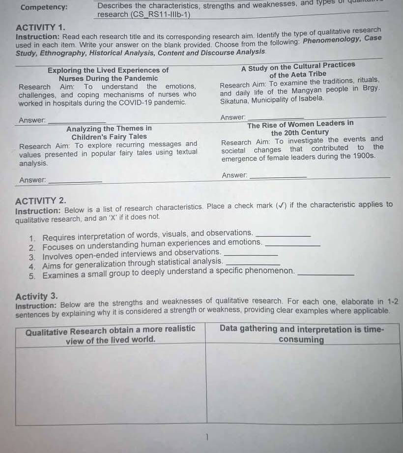 Competency: Describes the characteristics, strengths and weaknesses, and types of qu 
research (CS_RS11-IIIb-1) 
ACTIVITY 1. 
Instruction: Read each research title and its corresponding research aim. Identify the type of qualitative research 
used in each item. Write your answer on the blank provided. Choose from the following. Phenomenology, Case 
Study, Ethnography, Historical Analysis, Content and Discourse Analysis. 
Exploring the Lived Experiences of A Study on the Cultural Practices 
Nurses During the Pandemic of the Aeta Tribe 
Research Aim: To understand the emotions, 
challenges, and coping mechanisms of nurses who Research Aim: To examine the traditions, rituals, 
worked in hospitals during the COVID-19 pandemic. and daily life of the Mangyan people in Brgy. 
Sikatuna, Municipality of Isabela. 
Answer: _Answer:_ 
Analyzing the Themes in The Rise of Women Leaders in 
Children's Fairy Tales the 20th Century 
Research Aim: To explore recurring messages and Research Aim: To investigate the events and 
values presented in popular fairy tales using textual societal changes that contributed to the 
analysis. emergence of female leaders during the 1900s. 
Answer: _Answer:_ 
ACTIVITY 2. 
Instruction: Below is a list of research characteristics. Place a check mark (√) if the characteristic applies to 
qualitative research, and an 'X’ if it does not. 
1. Requires interpretation of words, visuals, and observations._ 
2. Focuses on understanding human experiences and emotions._ 
3. Involves open-ended interviews and observations._ 
4. Aims for generalization through statistical analysis._ 
5. Examines a small group to deeply understand a specific phenomenon._ 
Activity 3. 
Instruction: Below are the strengths and weaknesses of qualitative research. For each one, elaborate in 1-2 
sentences by explaining why it is considered a strength or weakness, providing clear examples where applicable