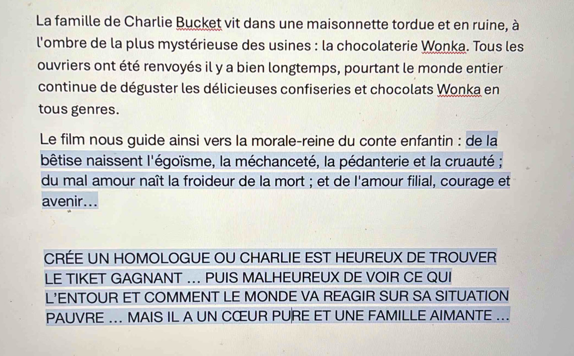 La famille de Charlie Bucket vit dans une maisonnette tordue et en ruine, à 
l'ombre de la plus mystérieuse des usines : la chocolaterie Wonka. Tous les 
ouvriers ont été renvoyés il y a bien longtemps, pourtant le monde entier 
continue de déguster les délicieuses confiseries et chocolats Wonka en 
tous genres. 
Le film nous guide ainsi vers la morale-reine du conte enfantin : de la 
bêtise naissent l'égoïsme, la méchanceté, la pédanterie et la cruauté ; 
du mal amour naît la froideur de la mort ; et de l'amour filial, courage et 
avenir... 
CRÉE UN HOMOLOGUE OU CHARLIE EST HEUREUX DE TROUVER 
LE TIKET GAGNANT ... PUIS MALHEUREUX DE VOIR CE QUI 
L'ENTOUR ET COMMENT LE MONDE VA REAGIR SUR SA SITUATION 
PAUVRE .. MAIS IL A UN CŒUR PURE ET UNE FAMILLE AIMANTE ...