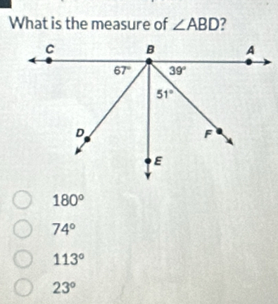 What is the measure of ∠ ABD
180°
74°
113°
23°