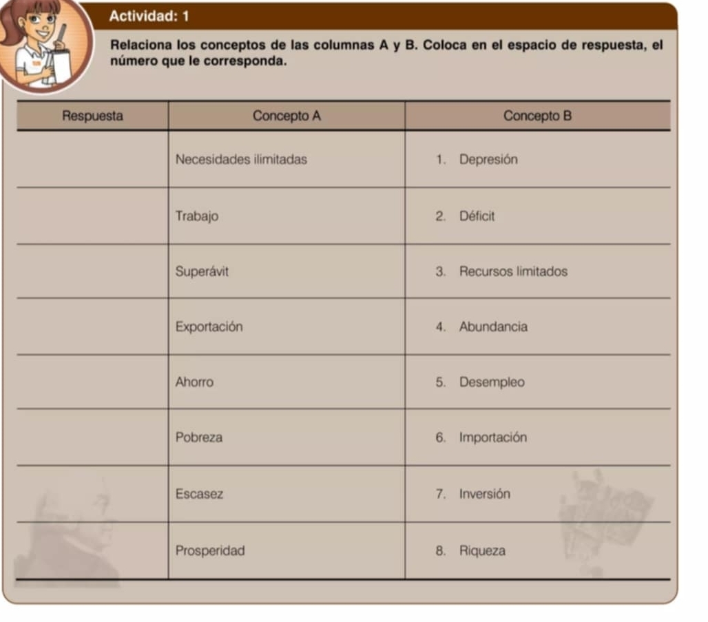 Actividad: 1 
Relaciona los conceptos de las columnas A y B. Coloca en el espacio de respuesta, el 
número que le corresponda.