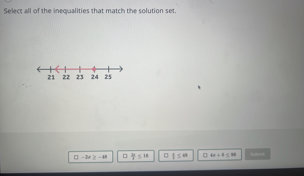 Select all of the inequalities that match the solution set.
□ -2x≥ -48  2x/3 ≤ 16  x/2 ≤ 48 4x+6≤ 96 Submit