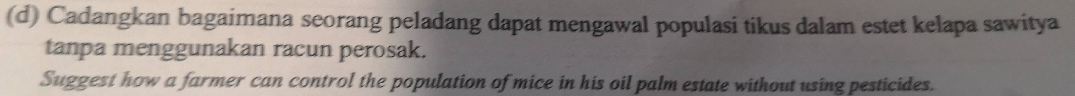 Cadangkan bagaimana seorang peladang dapat mengawal populasi tikus dalam estet kelapa sawitya 
tanpa menggunakan racun perosak. 
Suggest how a farmer can control the population of mice in his oil palm estate without using pesticides.