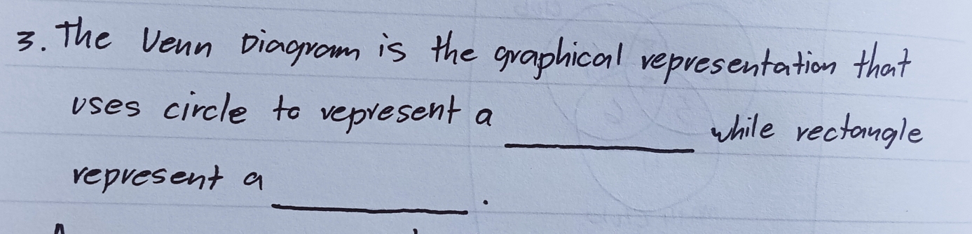 The Vean Diagram is the graphical representation that 
uses circle to represent a 
_while rectangle 
_ 
represent a