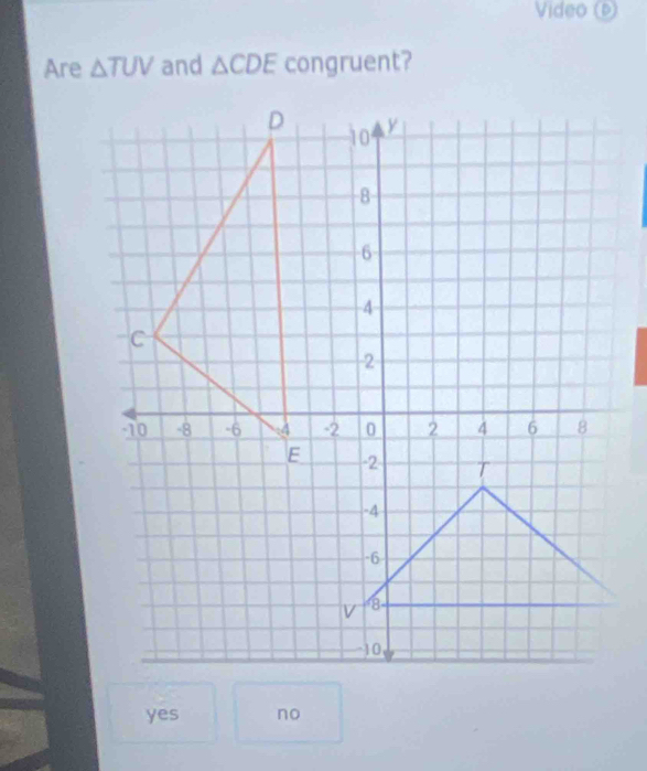 Video (p)
Are △ TUV and △ CDE congruent?
yes no