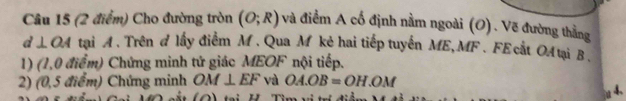 Cho đường tròn (O;R) và điểm A cố định nằm ngoài (O). Vẽ đường thẳng 
a ⊥ OA tại A. Trên đ lấy điểm M. Qua M kẻ hai tiếp tuyến ME, MF. FEcất OAtại B. 
1) (1,0 điểm) Chứng minh tứ giác MEOF nội tiếp. 
2) (0,5 điểm) Chứng minh OM⊥ EF và OA.OB=OH.OM
(0) 
4