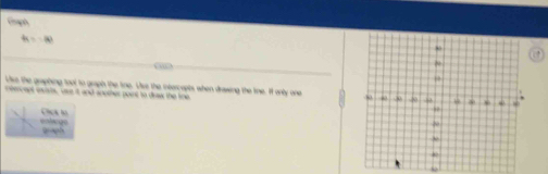 Craph
+(=-80. 
__“ 
Ure the graphing toot to graph the tine. Uise the intercepts when drawing the tine. If only one 
ceenceel exa ts, vive it and another poee to draw the line. 
wnl go Chcl 
gagh