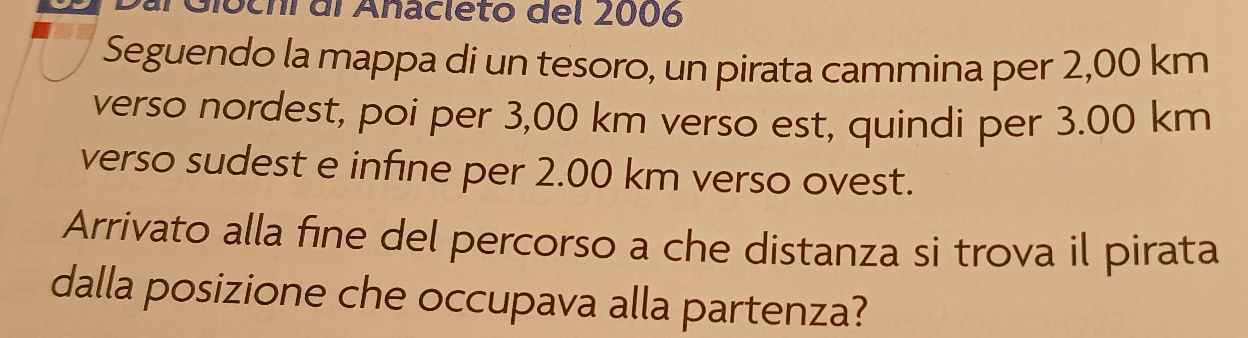 Giochi di Anacléto del 2006 
Seguendo la mappa di un tesoro, un pirata cammina per 2,00 km
verso nordest, poi per 3,00 km verso est, quindi per 3.00 km
verso sudest e infine per 2.00 km verso ovest. 
Arrivato alla fine del percorso a che distanza si trova il pirata 
dalla posizione che occupava alla partenza?