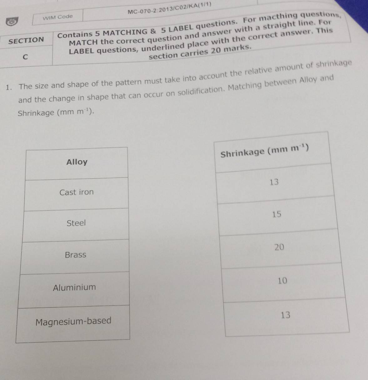 WIM Code MC-070-2:2013/C02/KA(1/1)
SECTION Contains 5 MATCHING & 5 LABEL questions. For macthing questions,
MATCH the correct question and answer with a straight line. For
LABEL questions, underlined place with the correct answer. This
C
section carries 20 marks.
1. The size and shape of the pattern must take into account the relative amount of shrinkage
and the change in shape that can occur on solidification. Matching between Alloy and
Shrinkage (mmm^(-1)).