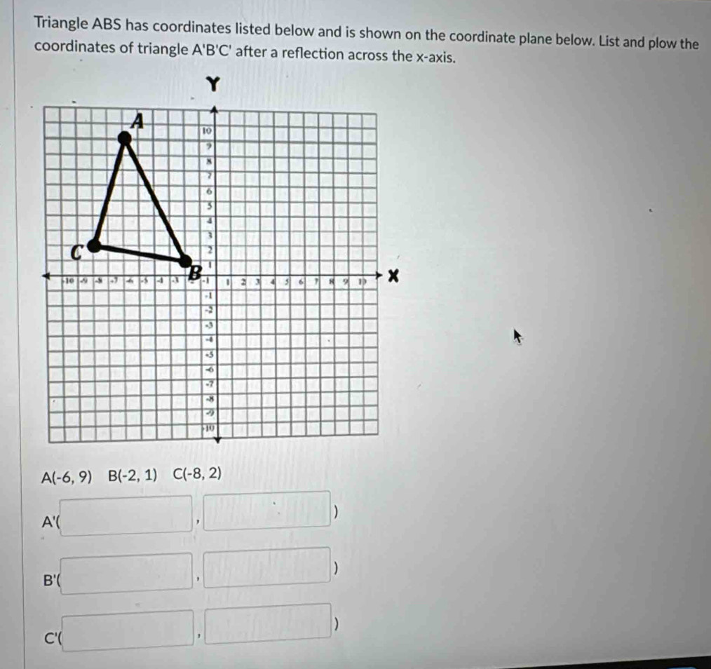 Triangle ABS has coordinates listed below and is shown on the coordinate plane below. List and plow the
coordinates of triangle A'B'C' after a reflection across the x-axis.
A(-6,9) B(-2,1)C(-8,2)
A'(□ ,□ )
B'(□ ,□ )
C'(□ ,□ )