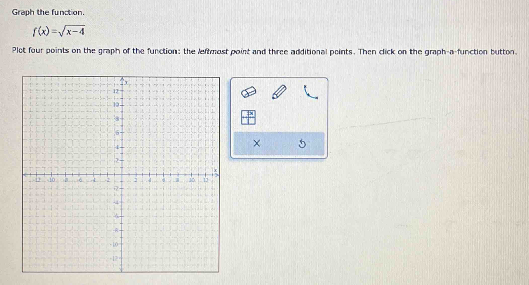 Graph the function.
f(x)=sqrt(x-4)
Plot four points on the graph of the function: the leftmost point and three additional points. Then click on the graph-a-function button. 
× a