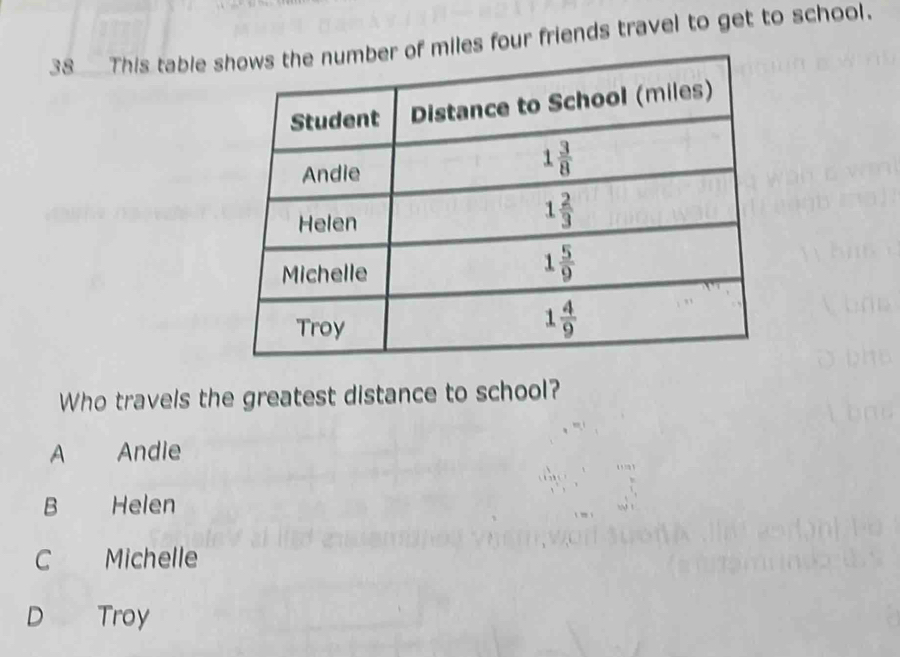 This table four friends travel to get to school.
Who travels the greatest distance to school?
A Andie
B Helen
c Michelle
D Troy