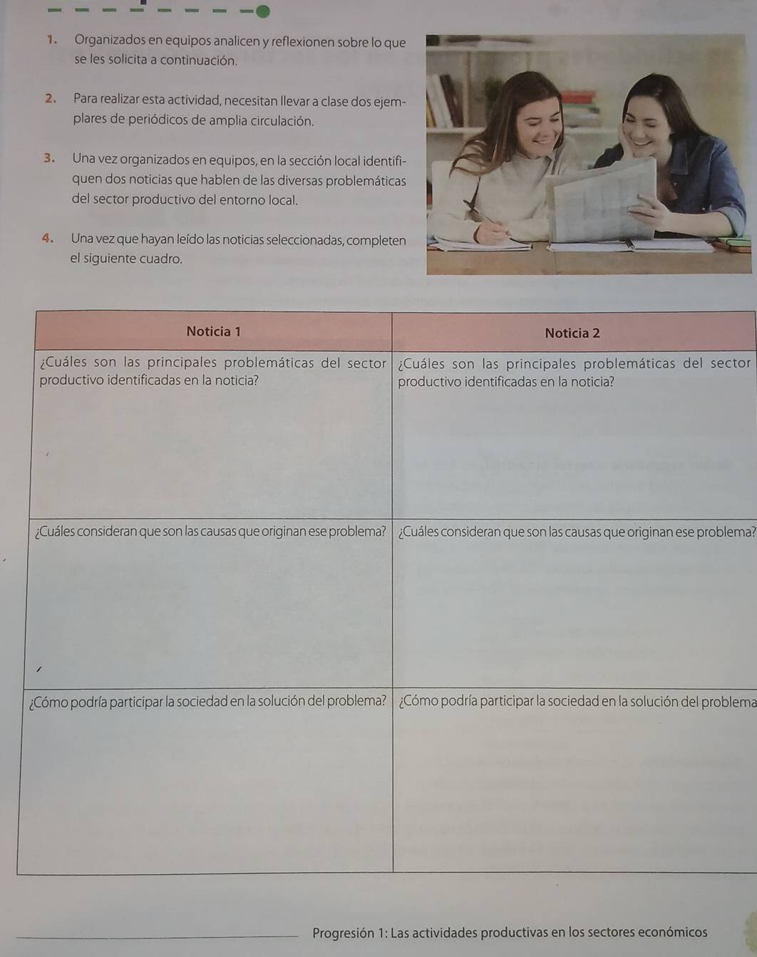 Organizados en equipos analicen y reflexionen sobre lo que 
se les solicita a continuación. 
2. Para realizar esta actividad, necesitan Ilevar a clase dos ejem- 
plares de periódicos de amplia circulación. 
3. Una vez organizados en equipos, en la sección local identifi- 
quen dos noticias que hablen de las diversas problemáticas 
del sector productivo del entorno local. 
4. Una vez que hayan leído las noticias seleccionadas, completen 
el siguiente cuadro. 
ctor 
lema? 
¿blema 
_ Progresión 1: Las actividades productivas en los sectores económicos