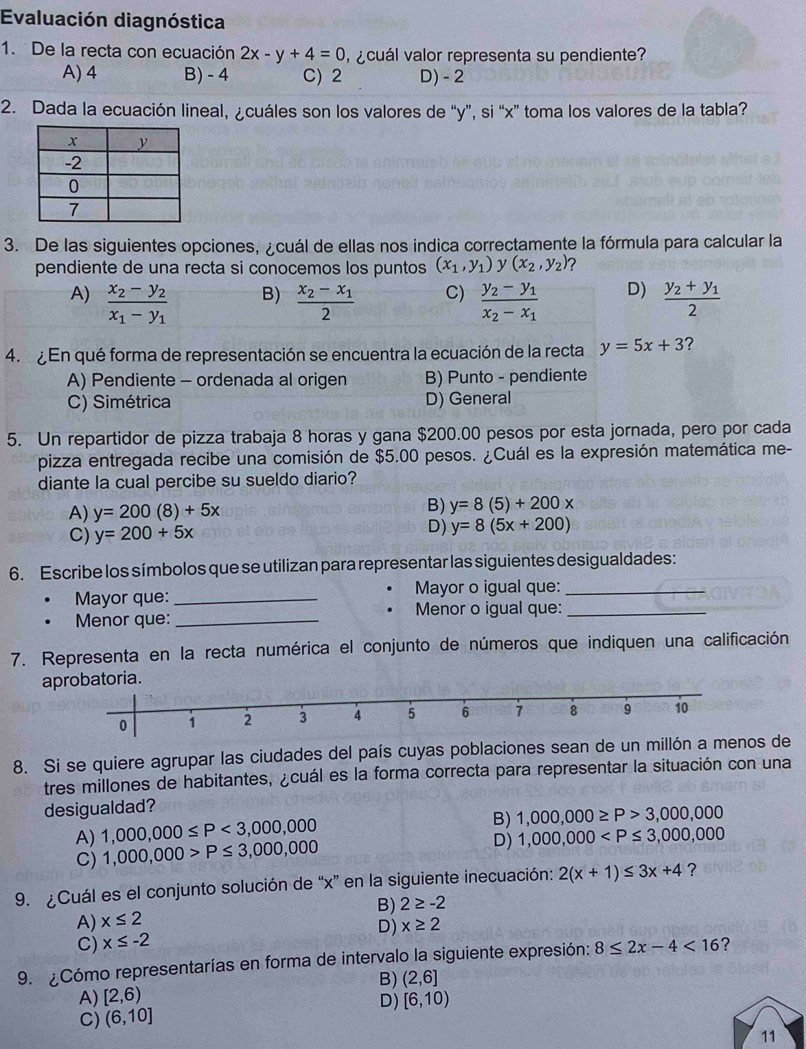 Evaluación diagnóstica
1. De la recta con ecuación 2x-y+4=0 y ¿ cuál valor representa su pendiente?
A) 4 B) - 4 C) 2 D) - 2
2. Dada la ecuación lineal, ¿cuáles son los valores de “y”, si “x” toma los valores de la tabla?
3. De las siguientes opciones, ¿cuál de ellas nos indica correctamente la fórmula para calcular la
pendiente de una recta si conocemos los puntos (x_1,y_1) y (x_2,y_2)
B)
C)
D)
A) frac x_2-y_2x_1-y_1 frac x_2-x_12 frac y_2-y_1x_2-x_1 frac y_2+y_12
4.  ¿ En qué forma de representación se encuentra la ecuación de la recta y=5x+3 ?
A) Pendiente - ordenada al origen B) Punto - pendiente
C) Simétrica D) General
5. Un repartidor de pizza trabaja 8 horas y gana $200.00 pesos por esta jornada, pero por cada
pizza entregada recibe una comisión de $5.00 pesos. ¿Cuál es la expresión matemática me-
diante la cual percibe su sueldo diario?
A) y=200(8)+5x
B) y=8(5)+200x
C) y=200+5x
D) y=8(5x+200)
6. Escribe los símbolos que se utilizan para representar las siguientes desigualdades:
Mayor que: _Mayor o igual que:_
Menor o igual que:_
Menor que:_
7. Representa en la recta numérica el conjunto de números que indiquen una calificación
a
8. Si se quiere agrupar las ciudades del país cuyas poblaciones sean de un millón a menos de
tres millones de habitantes, ¿cuál es la forma correcta para representar la situación con una
desigualdad?
B) 1,000,000≥ P>3,000,000
A) 1,000,000≤ P<3,000,000 1,000,000
C) 1,000,000>P≤ 3,000,000
D)
9. ¿Cuál es el conjunto solución de “x” en la siguiente inecuación: 2(x+1)≤ 3x+4 ?
B) 2≥ -2
A) x≤ 2
C) x≤ -2 D) x≥ 2
9. ¿Cómo representarías en forma de intervalo la siguiente expresión: 8≤ 2x-4<16</tex> ?
B) (2,6]
A) [2,6) [6,10)
D)
C) (6,10]
11