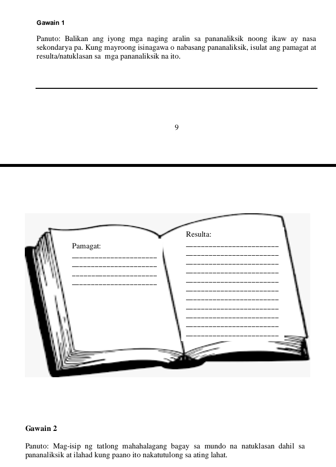 Gawain 1 
Panuto: Balikan ang iyong mga naging aralin sa pananaliksik noong ikaw ay nasa 
sekondarya pa. Kung mayroong isinagawa o nabasang pananaliksik, isulat ang pamagat at 
resulta/natuklasan sa mga pananaliksik na ito. 
_ 
9 
Gawain 2 
Panuto: Mag-isip ng tatlong mahahalagang bagay sa mundo na natuklasan dahil sa 
pananaliksik at ilahad kung paano ito nakatutulong sa ating lahat.