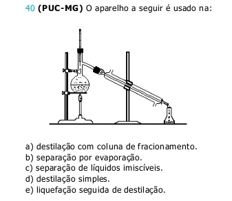 40 (PUC-MG) O aparelho a seguir é usado na:
a) destilação com coluna de fracionamento.
b) separação por evaporação.
c) separação de líquidos imiscíveis.
d) destilação simples.
e) liquefação seguida de destilação.