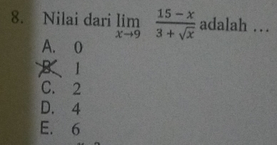 Nilai dari limlimits _xto 9 (15-x)/3+sqrt(x)  adalah …
A. 0
B 1
C. 2
D. 4
E. 6