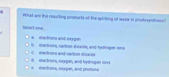 What are the resulting products of the splitting of water in photosynthesis?
Select one:

a. electrons and oxygen
b. electrons, carbon dioxide, and hydrogen ions
c. electrons and carbon dioxide
d. electrons, oxygen, and hydrogen ions
e. electrons, oxygen, and photons