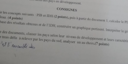 ns des pays en développement. 
CONSIGNES 
lean. (4 points) ir les concepts suivants : PIB et IDH (2 points), puis à partir du document 1, calculer le Pl 
base des résultats obtenus et de l'IDH, construire un graphique pertinent. Interpréter le gri 
Le des documents, classer les pays selon leur niveau de développement et leurs caractéris 
r trois défis à relever par les pays du sud, analyser un au choix.(7 points)