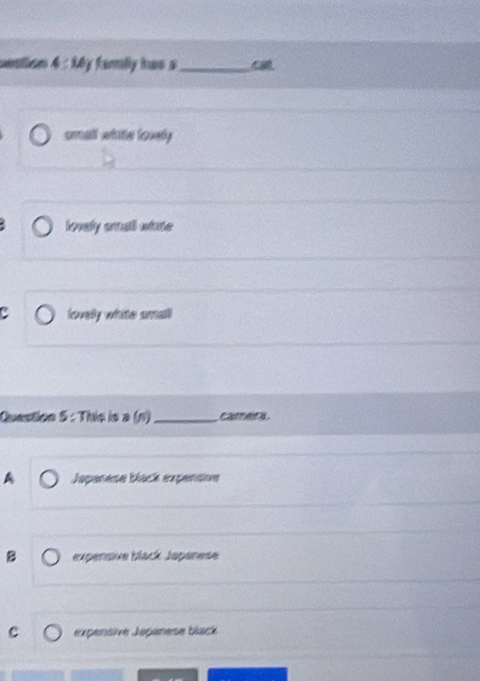 aton 4:16 ly famly has s_
omall whate lovely
lovely ersell wlase
C lovely white small
Question 5 : This is a (n)_
A Japanese black expenaie
B expensive black Japanese
C expensive Japanese black