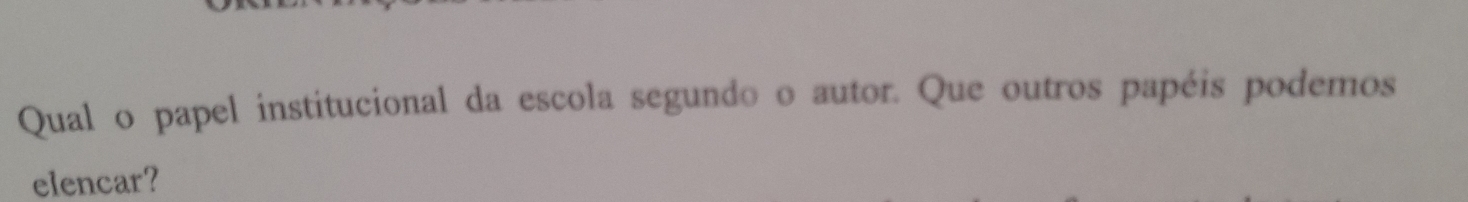 Qual o papel institucional da escola segundo o autor. Que outros papéis podemos 
elencar?