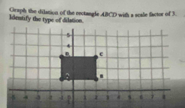 Graph the dilation of the rectangle ABCD with a scale factor of 3. 
Identify the type of dilation.