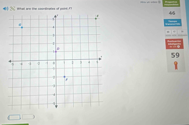 Mira un video é Preguntas 
respondde 
What are the coordinates of point F?
46
transcurrids Tiempo 
∞ 17 51
Puntuación inteligente 
de 100 T
59