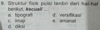 Struktur fisik puisi terdiri dari hal-hal
berikut, kecuali ....
a. tipografi d. versifikasi
c. imaji e. amanat
d. diksi