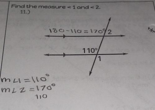 Find the measure <1</tex> and <2.
11.)